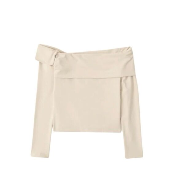 Abercrombie & Fitch Soft Collection Cream Long-Sleeve Off-The-Shoulder Top - Picture 1 of 8